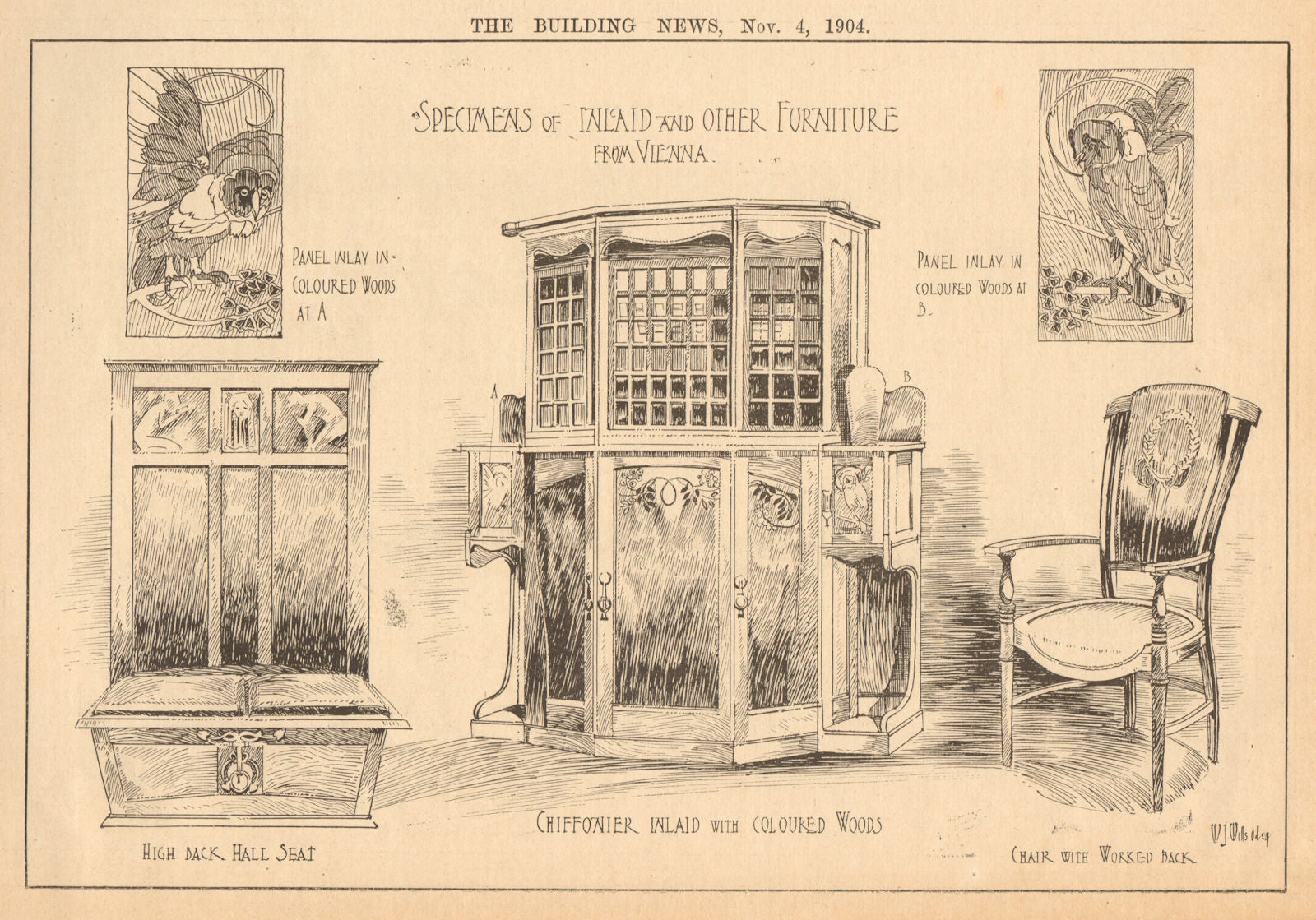 Vienna furniture. Highback hall seat, Chiffonier, chair. Austria 1904 print